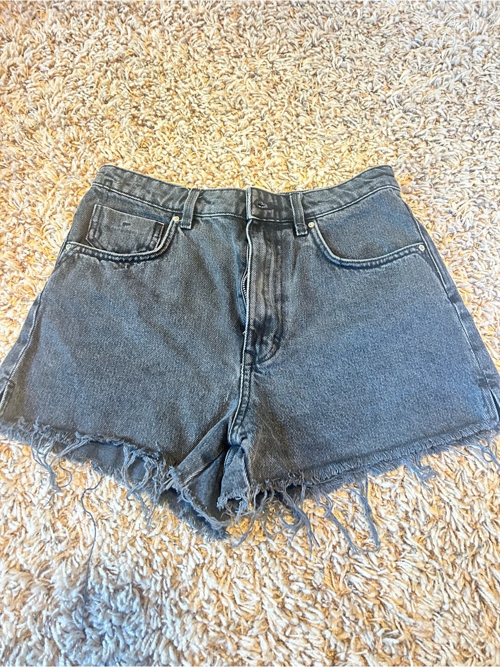 Zara Black Washed High-Rise Denim Shorts with Frayed Hem